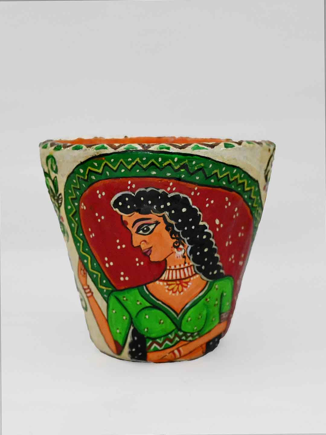 Handcrafted & Handpainted Paper Clay Madhubani Design Woman Planter