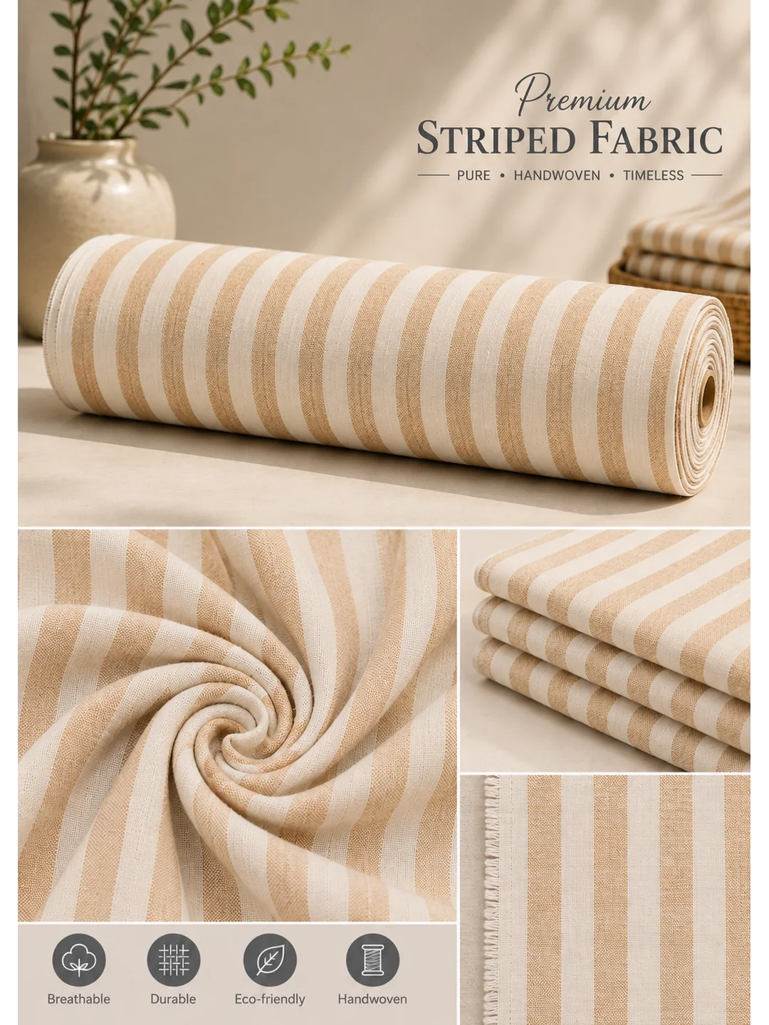 Khadi Cotton Biege Striped Fabric – 44 Inch Width Handloom Fabric