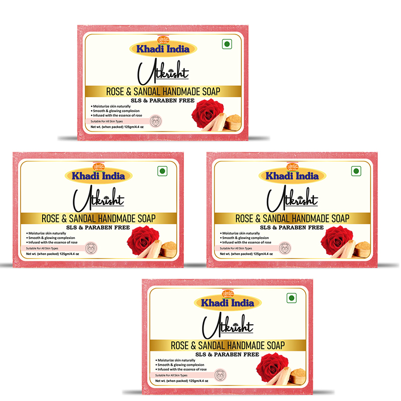 Utkrsith Khadi ROSE & SANDAL Handmade Soap For Refreshing & Cleansing Skin (500GM)- Pack of 4