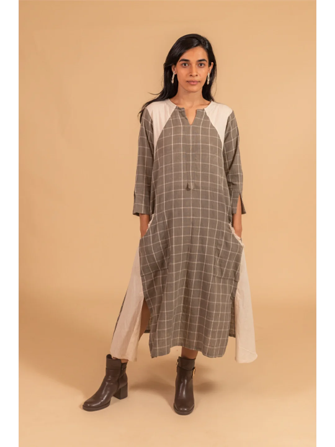 SIDE KALI DRESS IN CHECKS AND KORA FABRIC