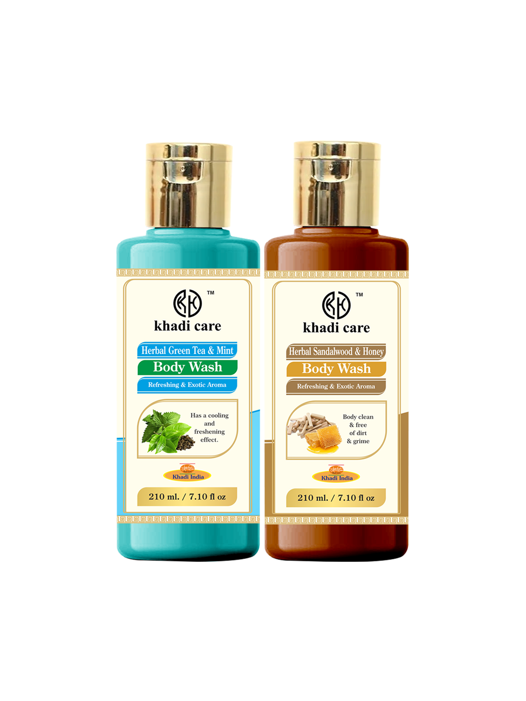 Khadi Care Herbal Combo Pack of Green Tea & Sandalwood Honey Bodywash (210ml Each) Pack of 2