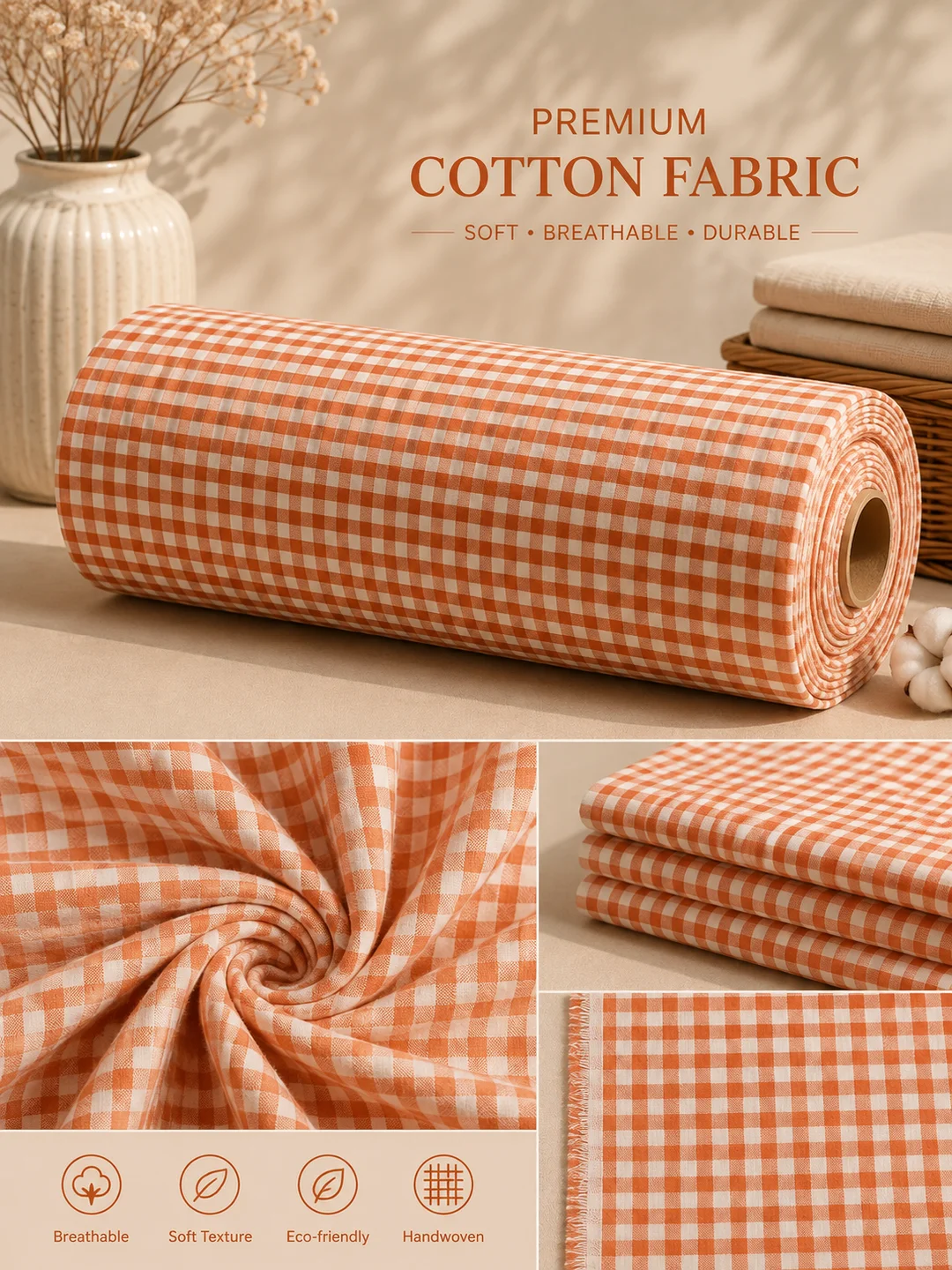 Khadi Cotton Orange checks Fabric – 44 Inch Width Handloom Fabric