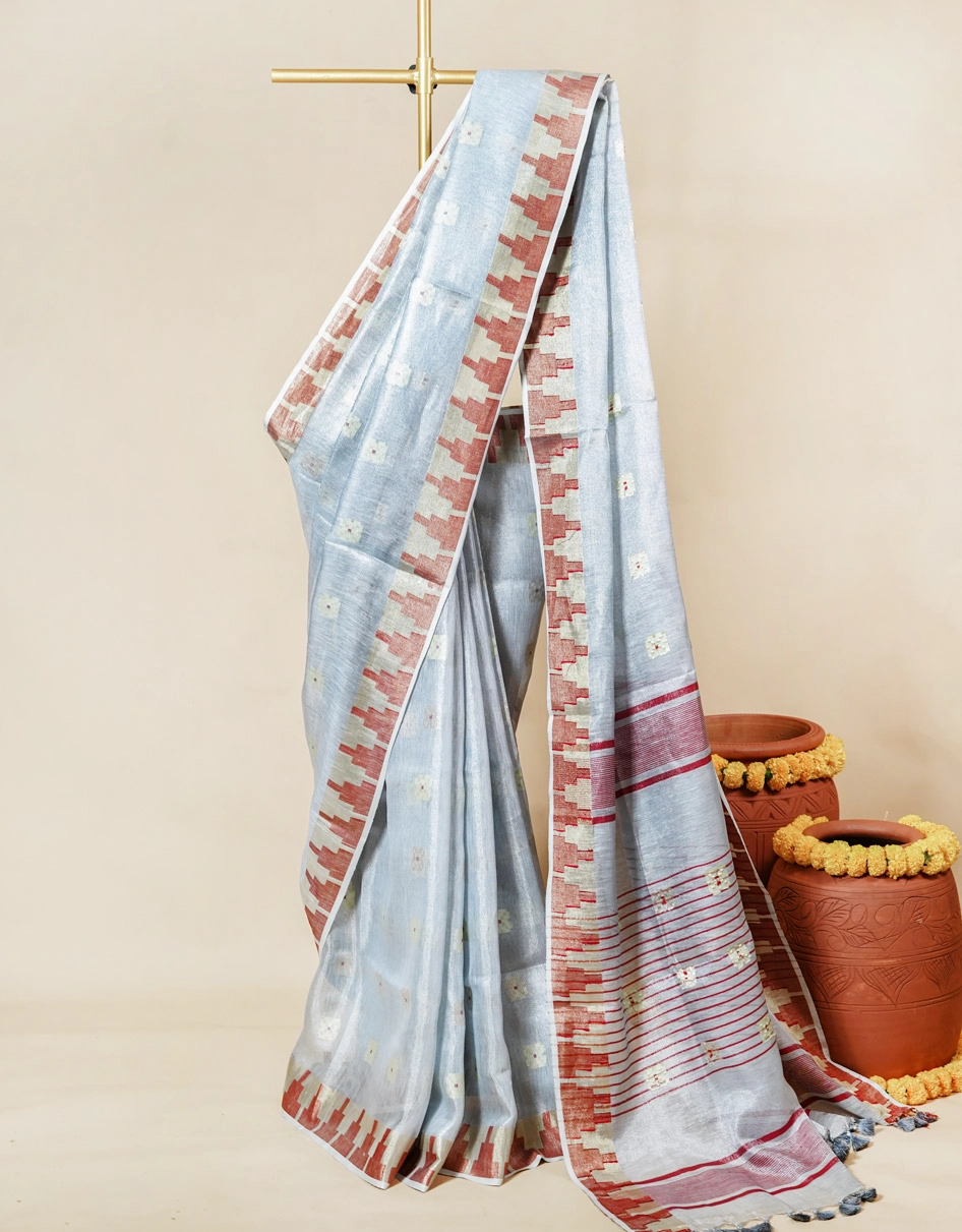 Grey Silver Handwoven Linen Saree With Geometric Zari Border And Buti Motifs - RKVSSLGSHL64