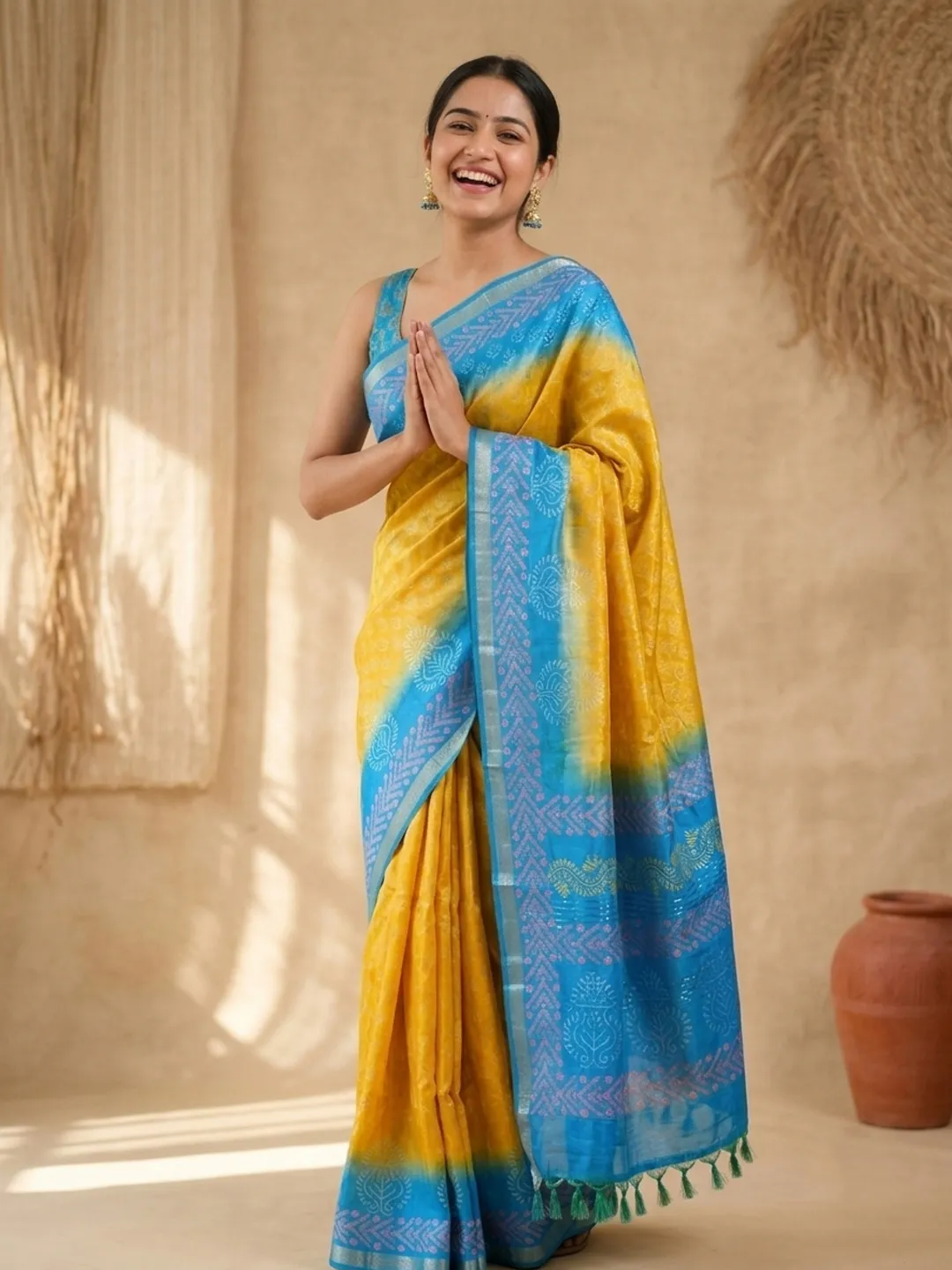 Mustard And Sky Blue Bhagalpuri Soft Silk Saree With Printed Pallu