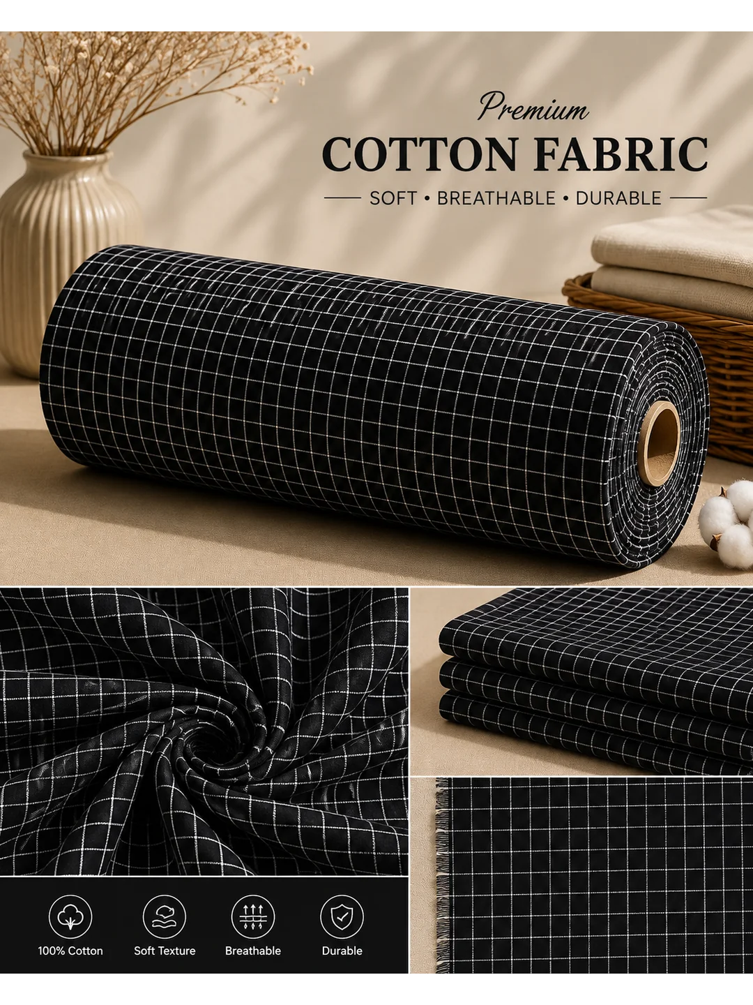 Khadi Cotton Black Grid Checks Fabric – 44 Inch Width Handloom Fabric