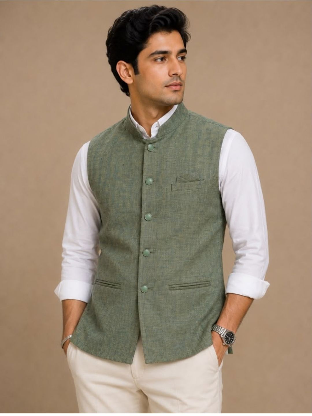 Men’s Cotton Nehru Jacket Olive Green