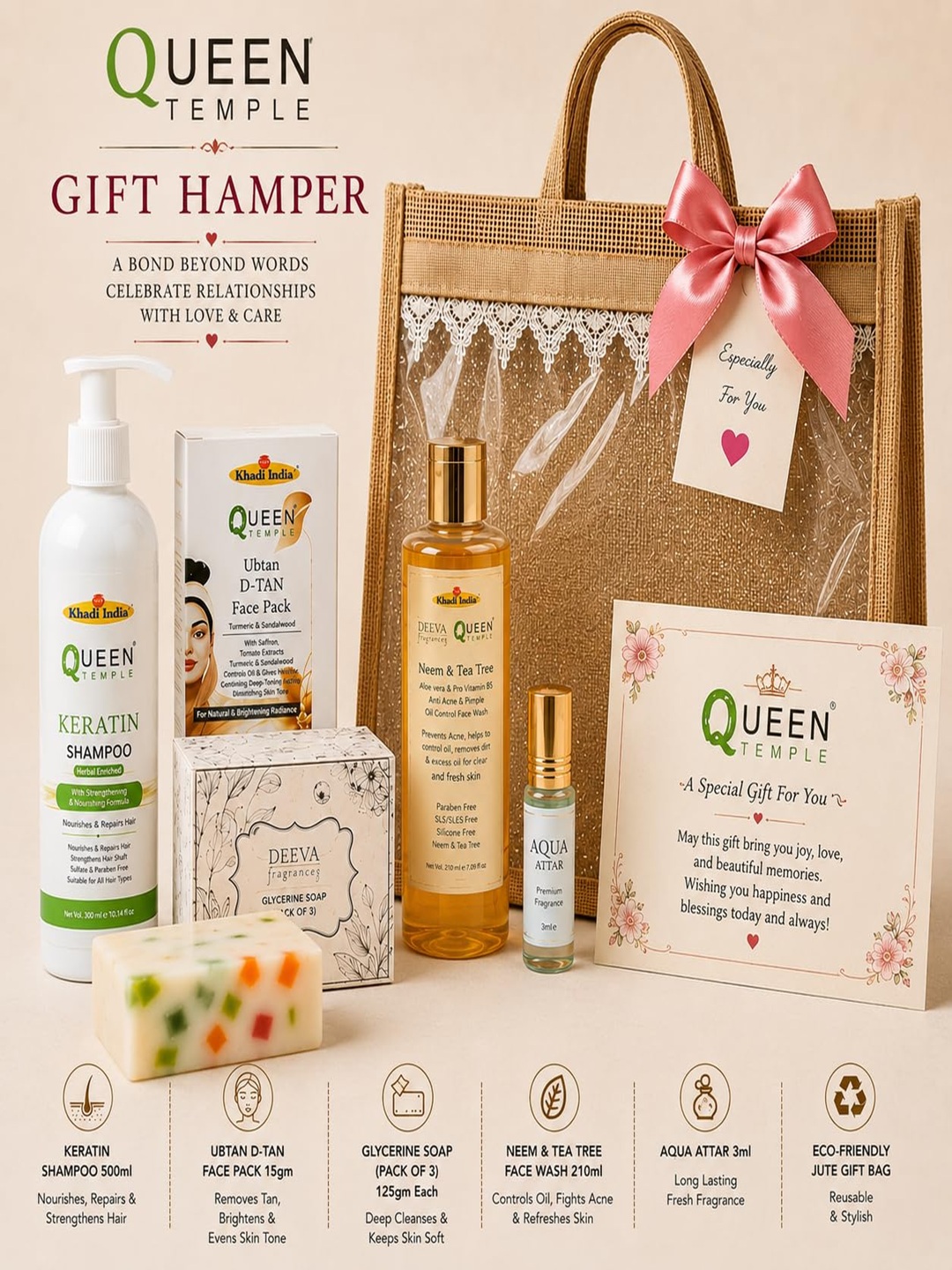 Premium Set with Keratin Shampoo 500 ml, Papaya Facewash 210 ml,Glycerine Soap Pack of 3(125gm Each) Ubtan D-Tan Face Pack 15g, Goat Milk Soap 100g, Aqua Attar 3ml & Reusable Jute Gift Bag