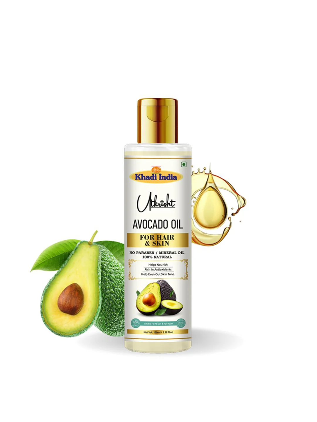 Utkrisht Khadi Avocado Oil Ideal for Moisturizing, Anti-Aging, and Hair Growth- 100ML