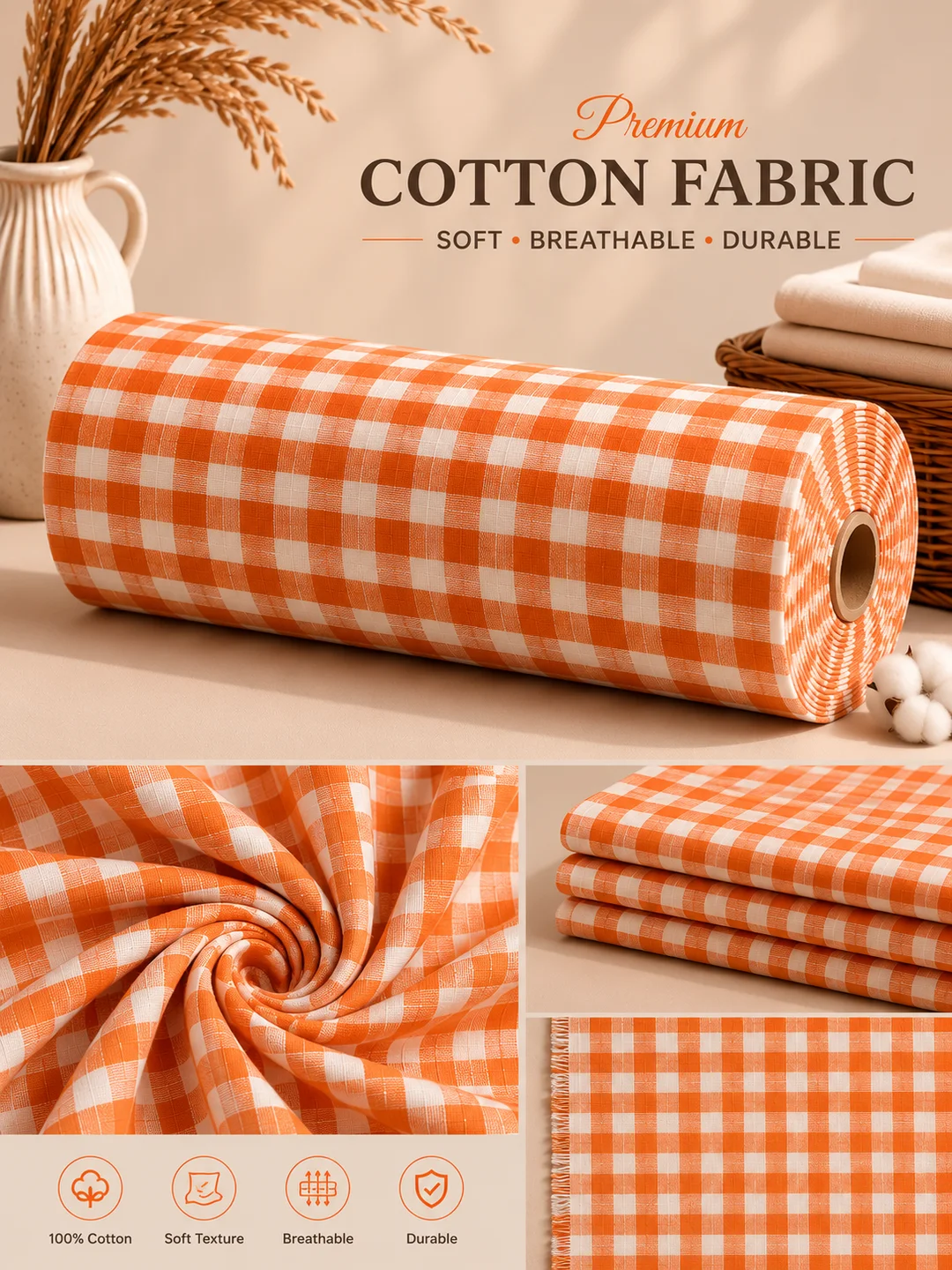 Khadi Cotton Orange Gingham Check Fabric – 44 Inch Width Handloom Fabric