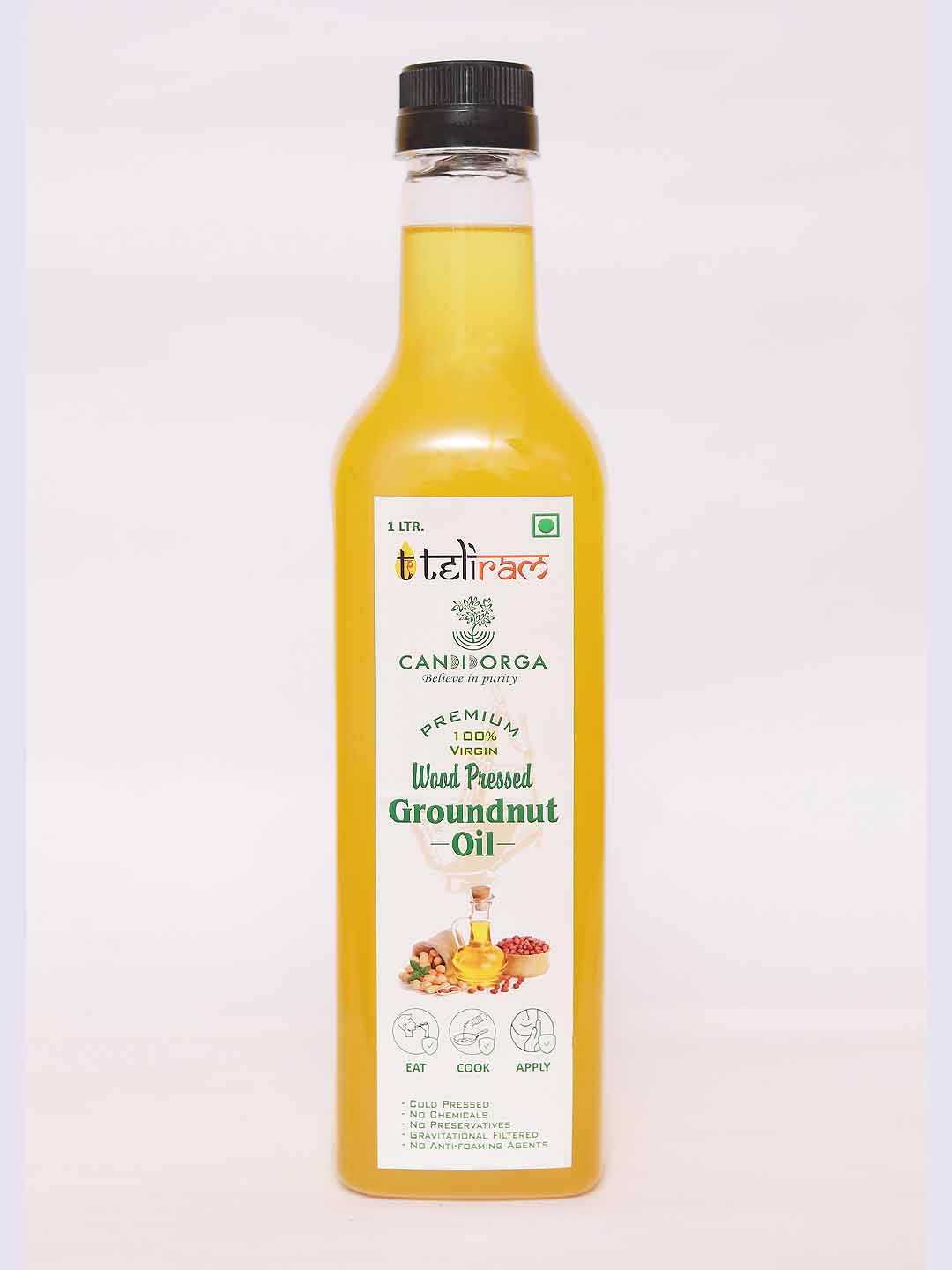 CandidOrga Coldpressed (Woodpressed) Edible Groundnut Oil 100% Virgin - 1 ltr