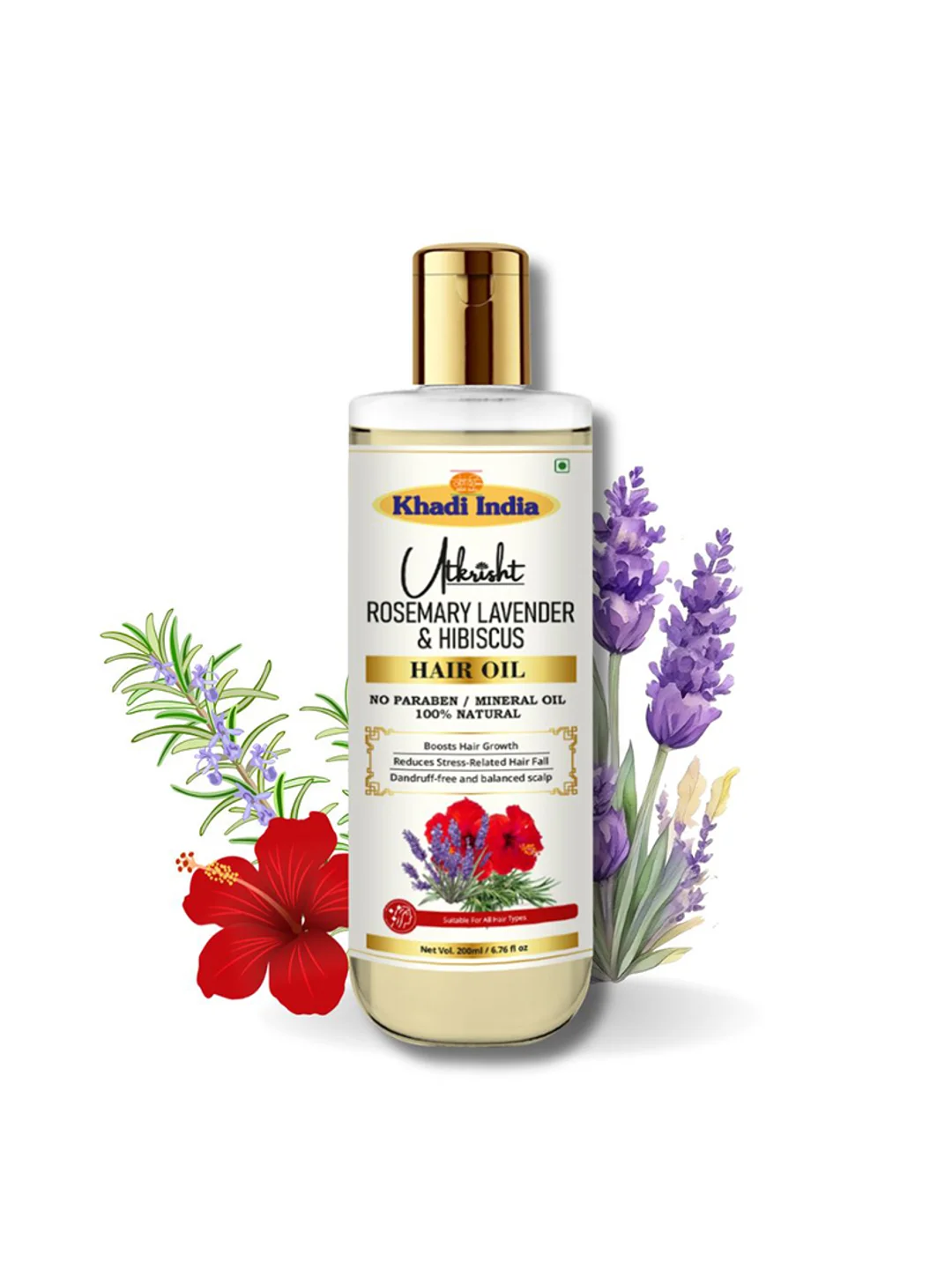 Utkrisht Khadi Rosemary, Lavender & Hibiscus Oil Natural Hair Growth and Nourishment Blend for Stronger, Shinier Hair- 200ML