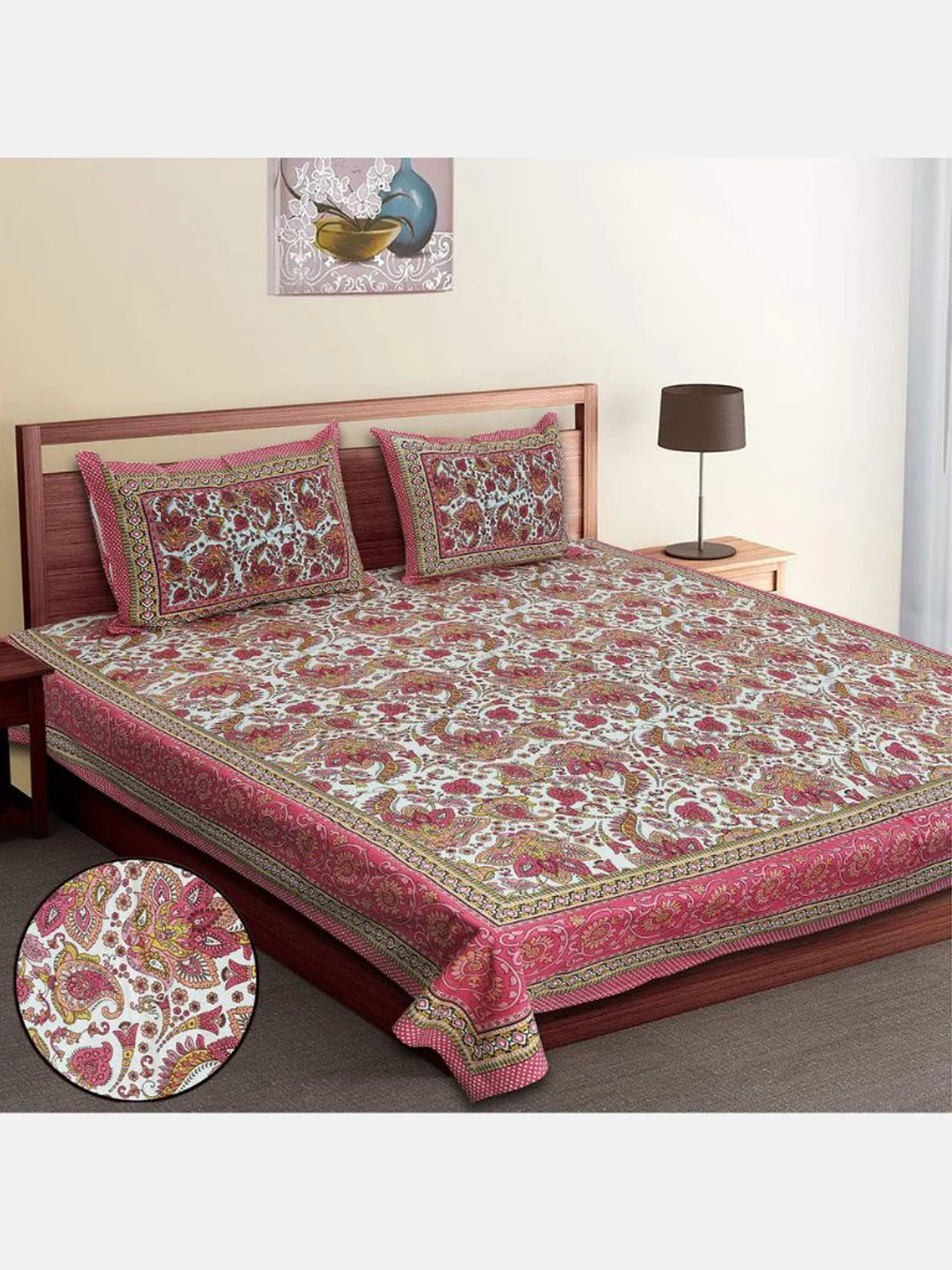 Premium Pure Cotton Bed Sheets-Pink&Yellow, Size - 90 x 108 inches Pillow Cover - 18x27 inches