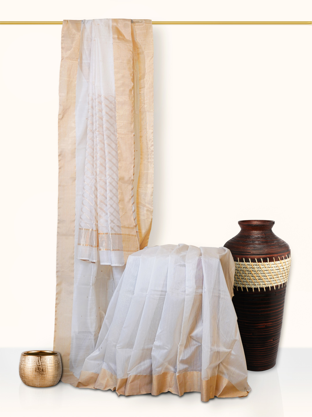 The Gold Weave Chanderi Silk Sarees - White colour with Golden Stripes and Golden Borders