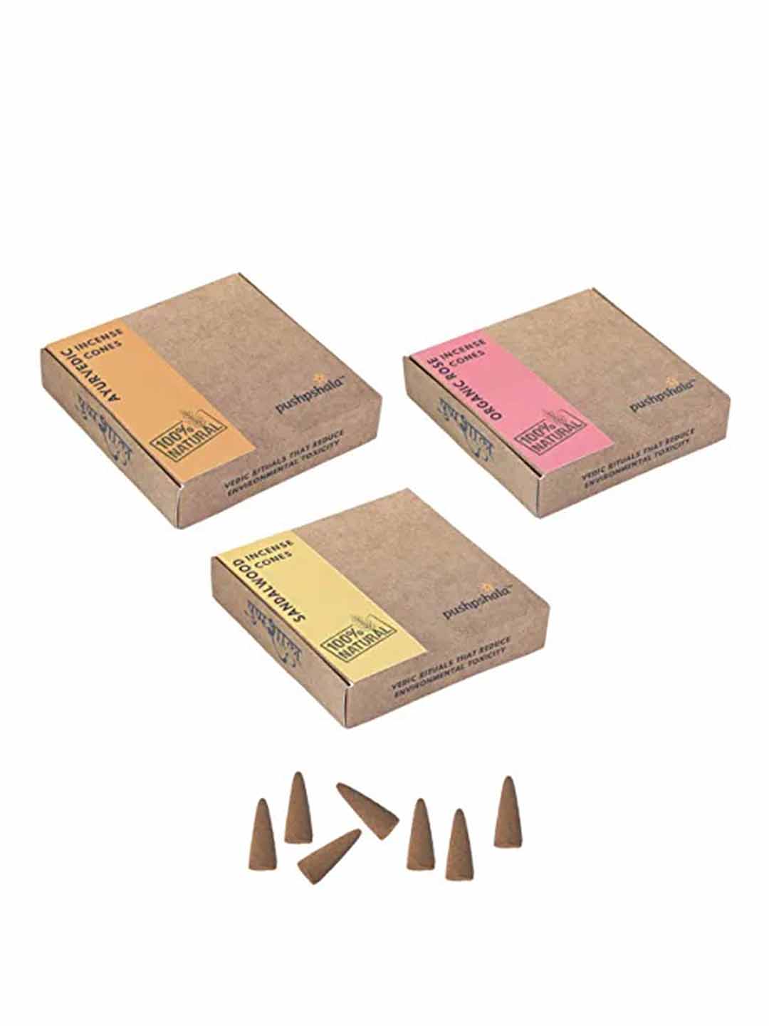 Pushpshala Organic Natural Rose, Ayurvedic and Sandalwood Jumbo incense Cones Pack of 3 (100Gm Each)