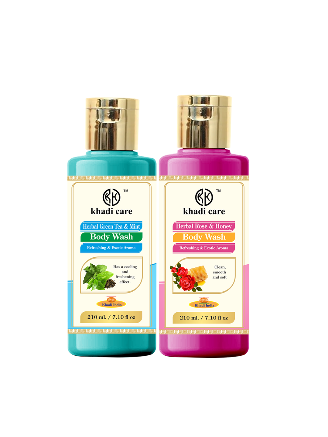 Khadi Care Herbal Combo Pack of Green Tea & Rose Honey Bodywash (210ml Each) Pack of 2