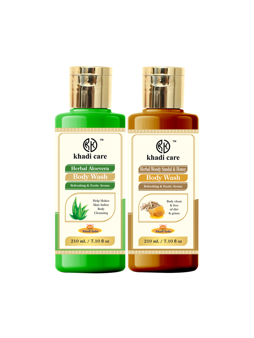 Khadi Care Herbal Combo Pack of Aloevera & Woody Sandal & Honey Bodywash (210ml Each) Pack of 2