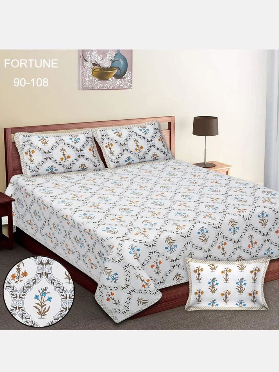 Premium Pure Cotton Bed Sheets-White&Multi-Size - 90 x 108 inches,Pillow Cover - 18x27 inches