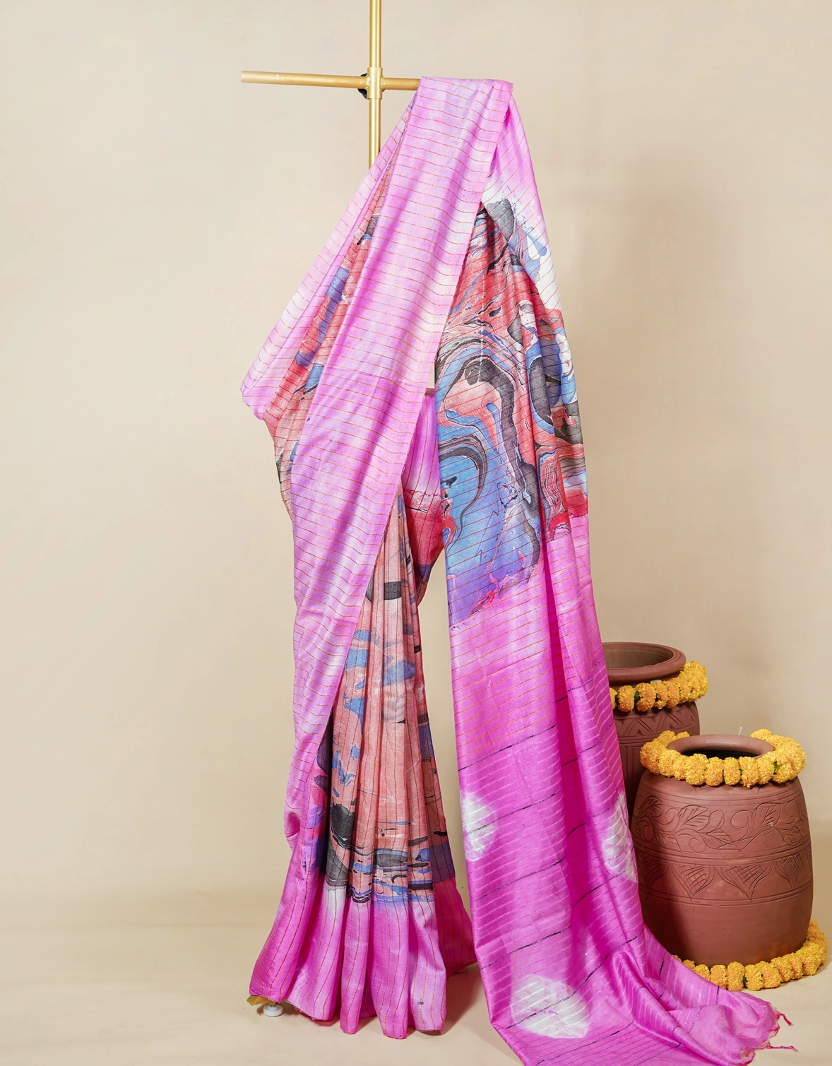 Pink And Multicolour Striped Cotton Slub Marble Print Saree - RKVSSLPAMS53