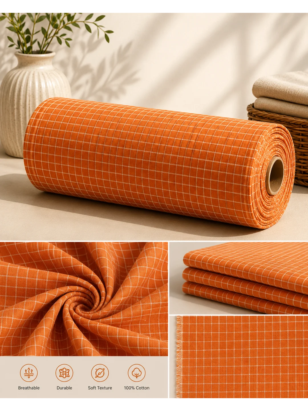Khadi Cotton Rust Orange Fabric – 44 Inch Width Handloom Fabric