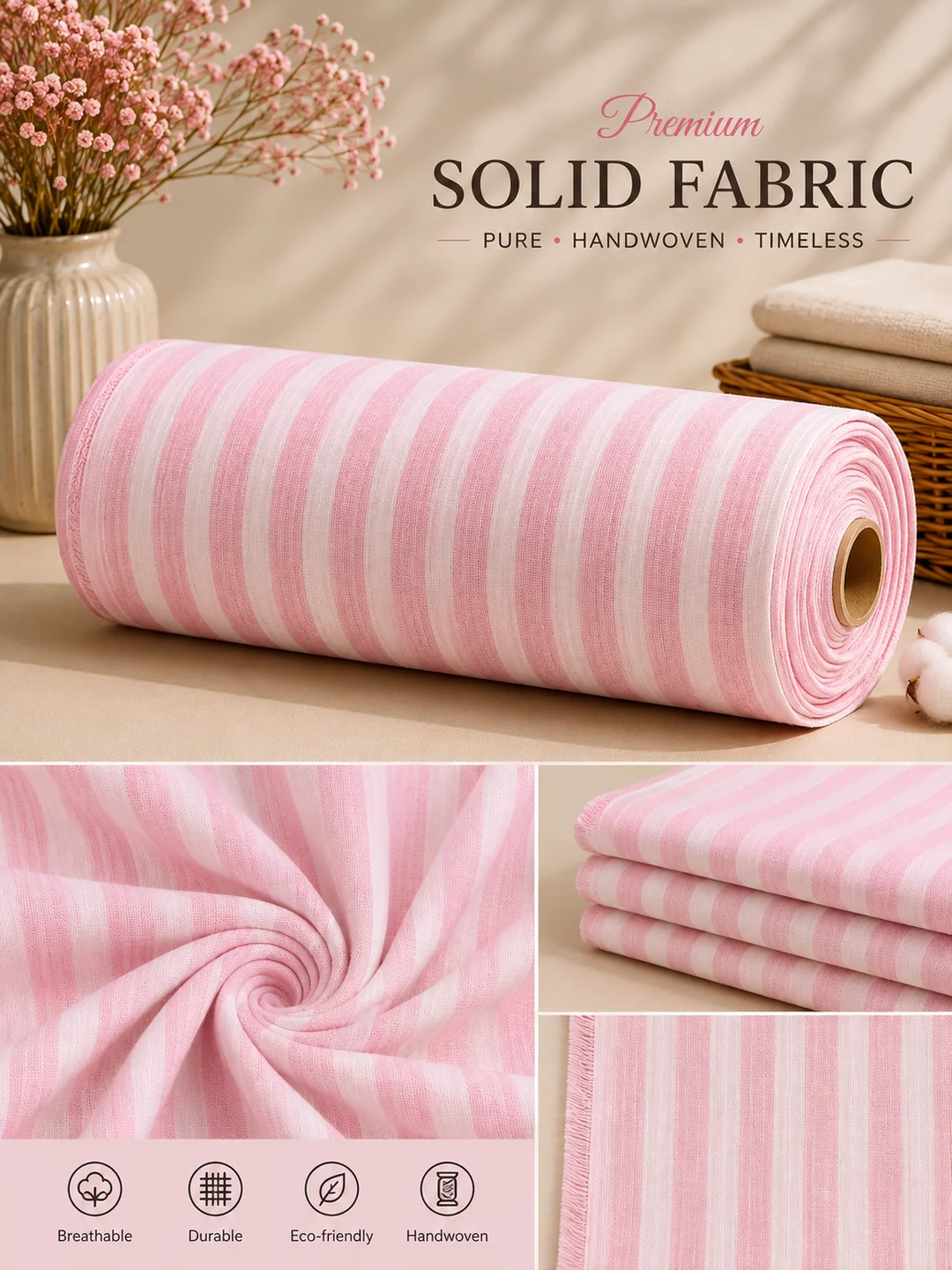 Khadi Cotton Pink Striped Fabric – 44 Inch Width Handloom Fabric
