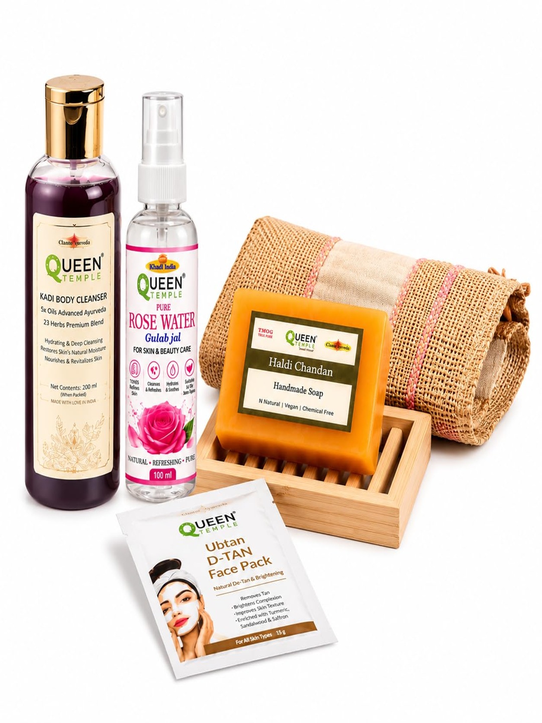 Khadi India Premium Skin Care Gift Hamper for Women & Men By Queen Temple | Lavender With Walnut Scrub Wash210 ml, Rose Water,100ml Haldi Chandan Soap 125gm, Ubtun Face Pack 15gm