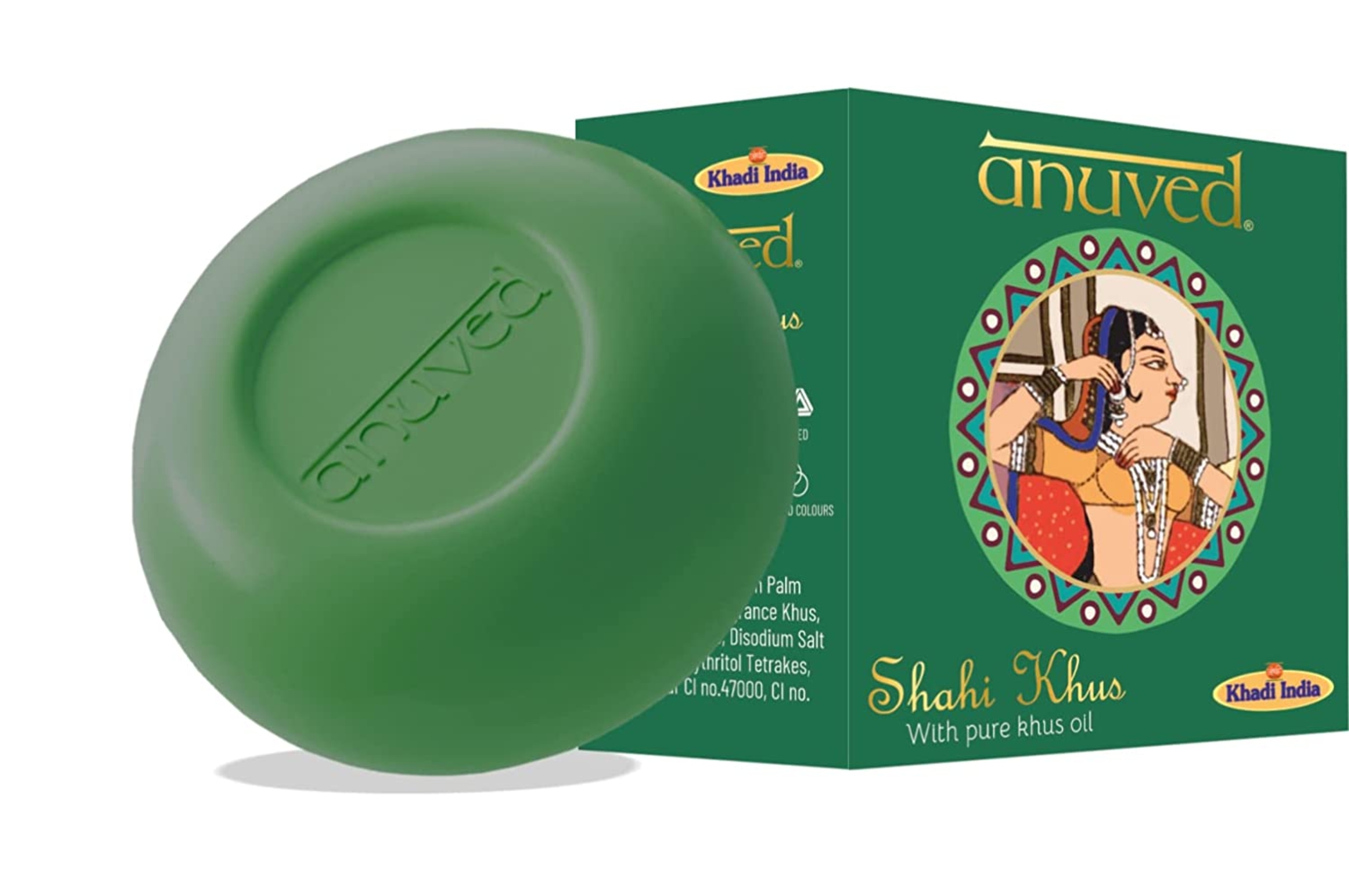 Anuved Herbal Shahi Khus soap with Pure Khus Oil and Glycerine enriched with Rishikesh Gangajal for calming & Soothing Effect. 125 G