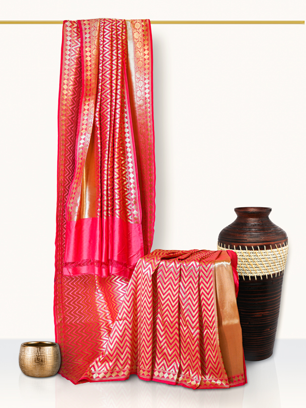 Red And Beige Banarasi Silk Saree With Golden Zari Work