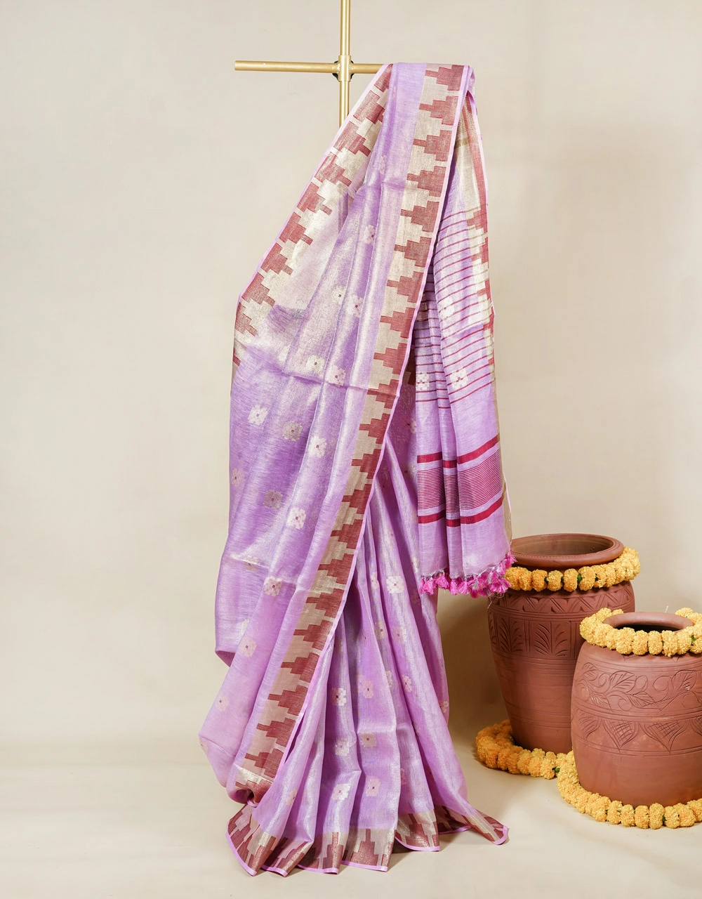 Lavender Blush Lavender Handwoven Linen Saree With Golden Zari Border And Tassel Detailing - RKVSSLLBLH69