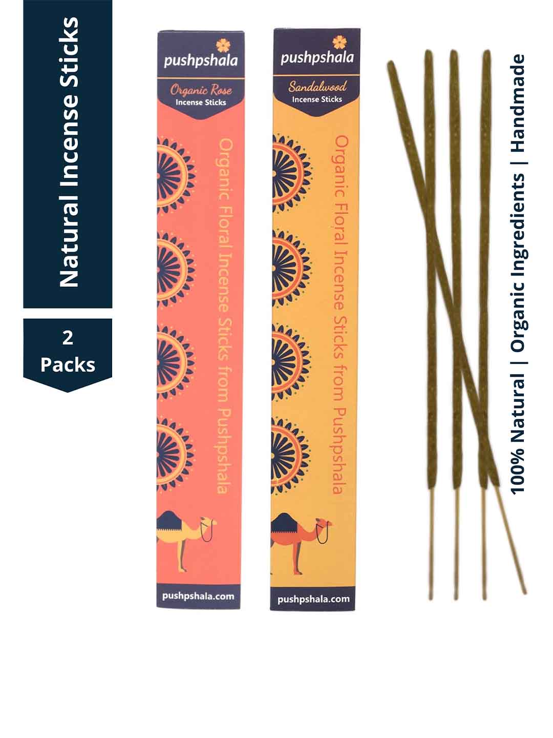 Pushpshala Natural Organic Incense Sticks Rose and Sandalwood Pack of 2