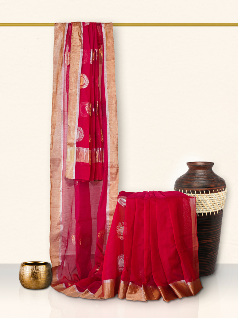 Dark Red With Golden Brown Border Banarasi Silk Saree