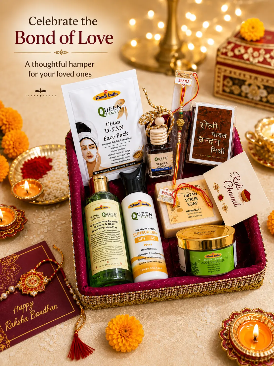 Rakhi GiftSet Keratin Shampoo 500 ml, Papaya Facewash 210 ml,Glycerine Soap Pack of 3(125gm Each) Ubtan D-Tan Face Pack 15g, Goat Milk Soap 100g, Aqua Attar 3ml & Reusable Jute Gift Bag + Free Rakhi I