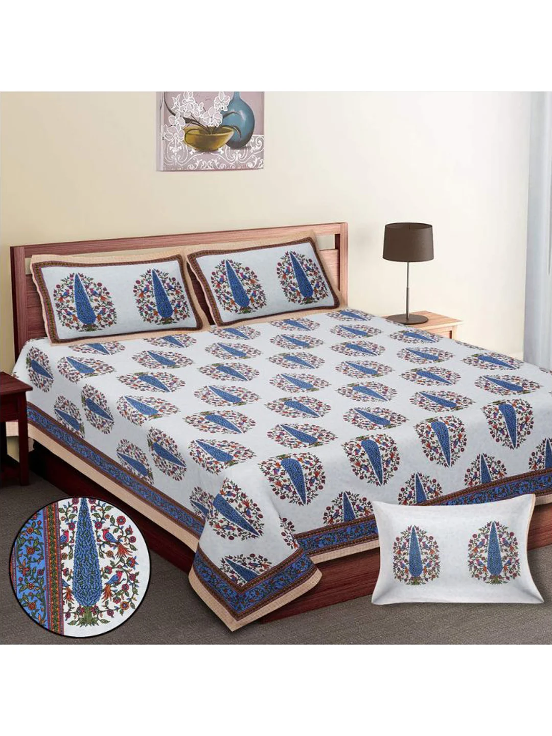 Premium Pure Cotton Bed Sheets-Blue&White,Size 90 x 108 inches Pillow Cover - 18x27 inches Sides stitched