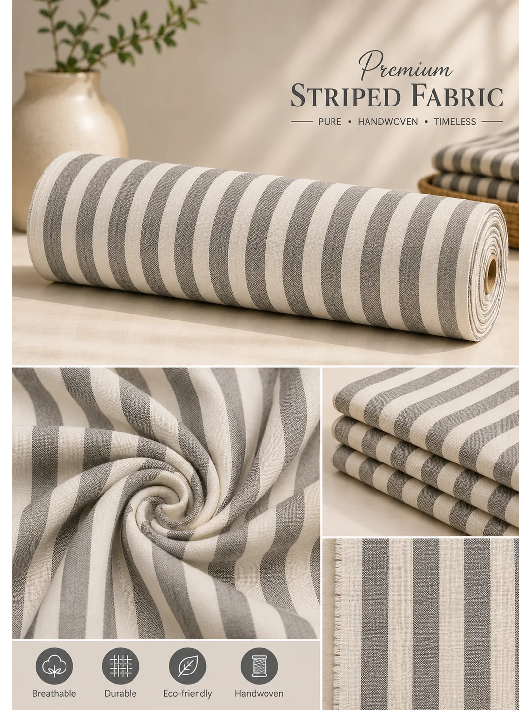 Khadi Cotton Grey Striped Fabric – 44 Inch Width Handloom Fabric