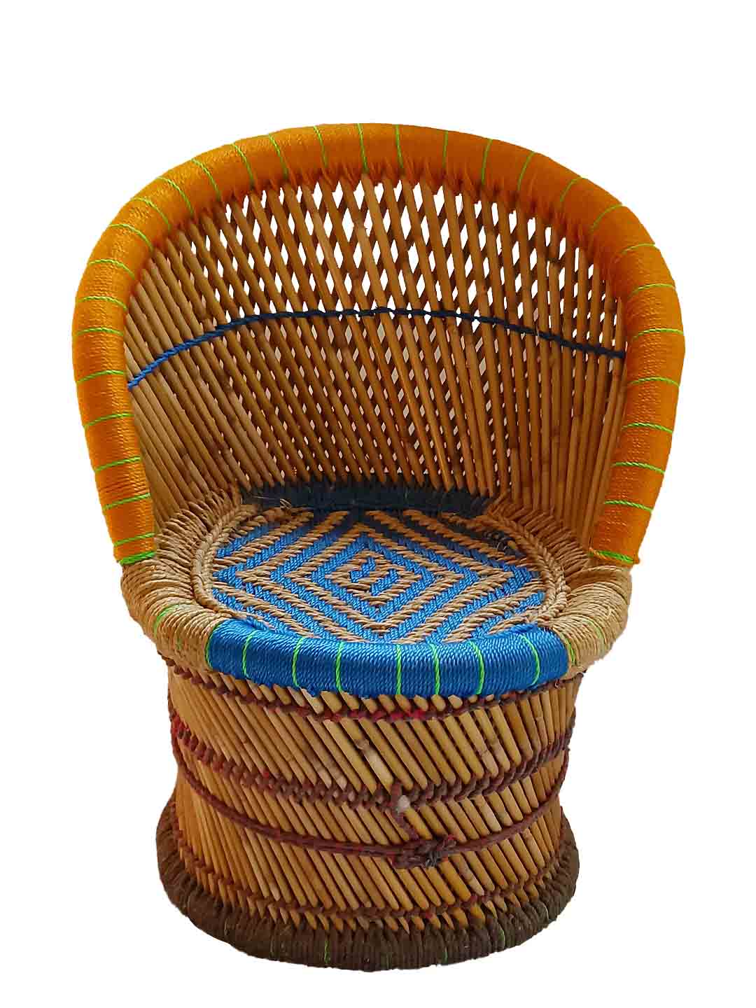 Handcrafted Moonj Designer Single Chair Half Cut Orange & Blue - 40 cm X 40 cm X 76 cm