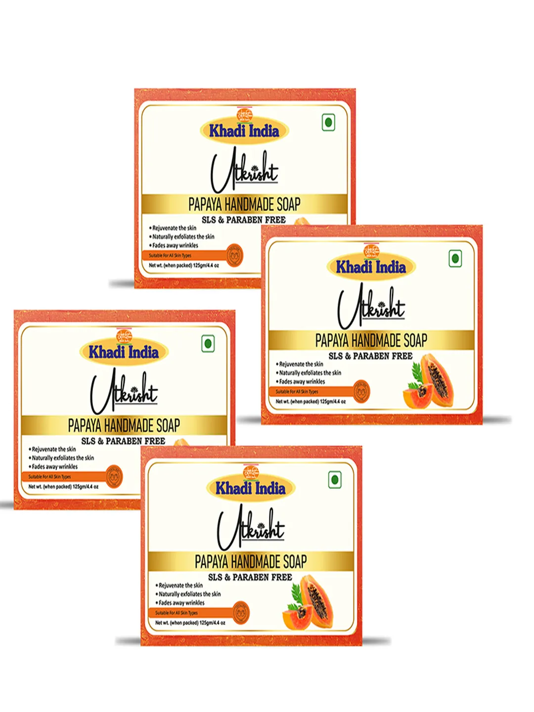 Utkrisht Khadi Handmade Papaya Bathing Soap For Glowing and Brightening Skin (500GM) - Pack of 4