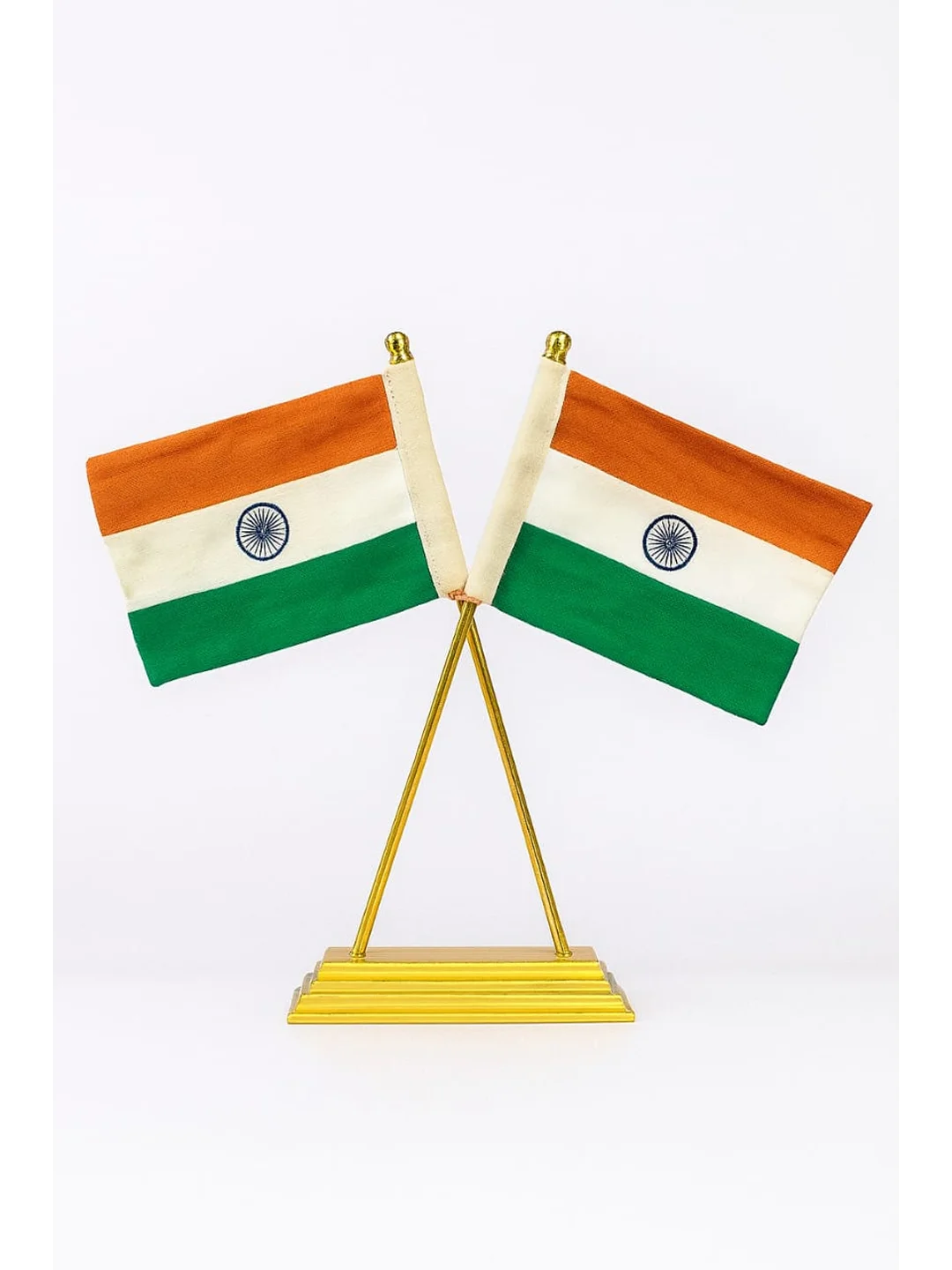 Indian National Flag Cross Golden Fiber Table Flag-TF09 -10 cm X 15 cm