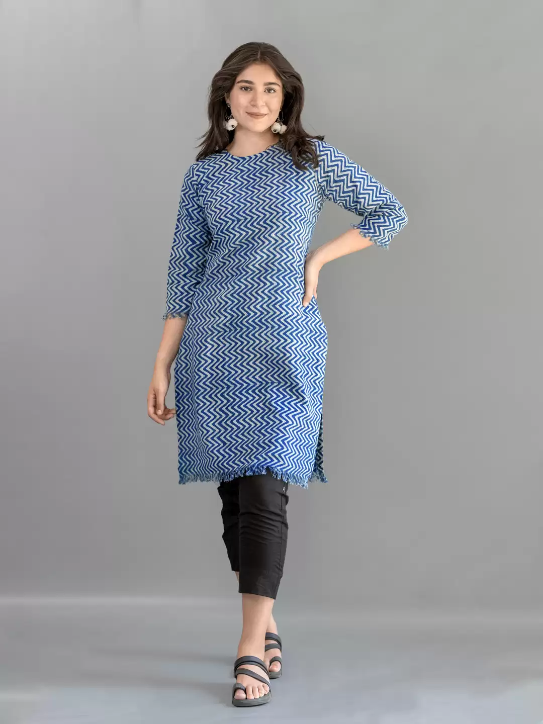 MORALFIBRE INDIGO ZIG ZAG PRINTED KURTI WITH RAW EDGES