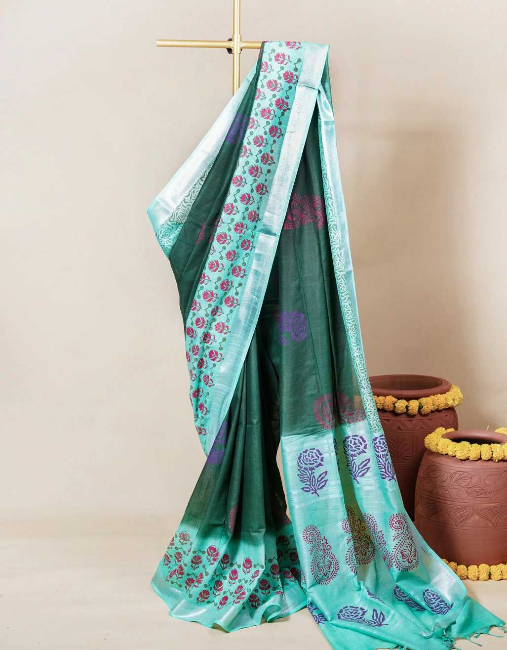 Green Seafoam And Olive Hand Block Printed Khadi Cotton Saree - RKVSSLGSAO56