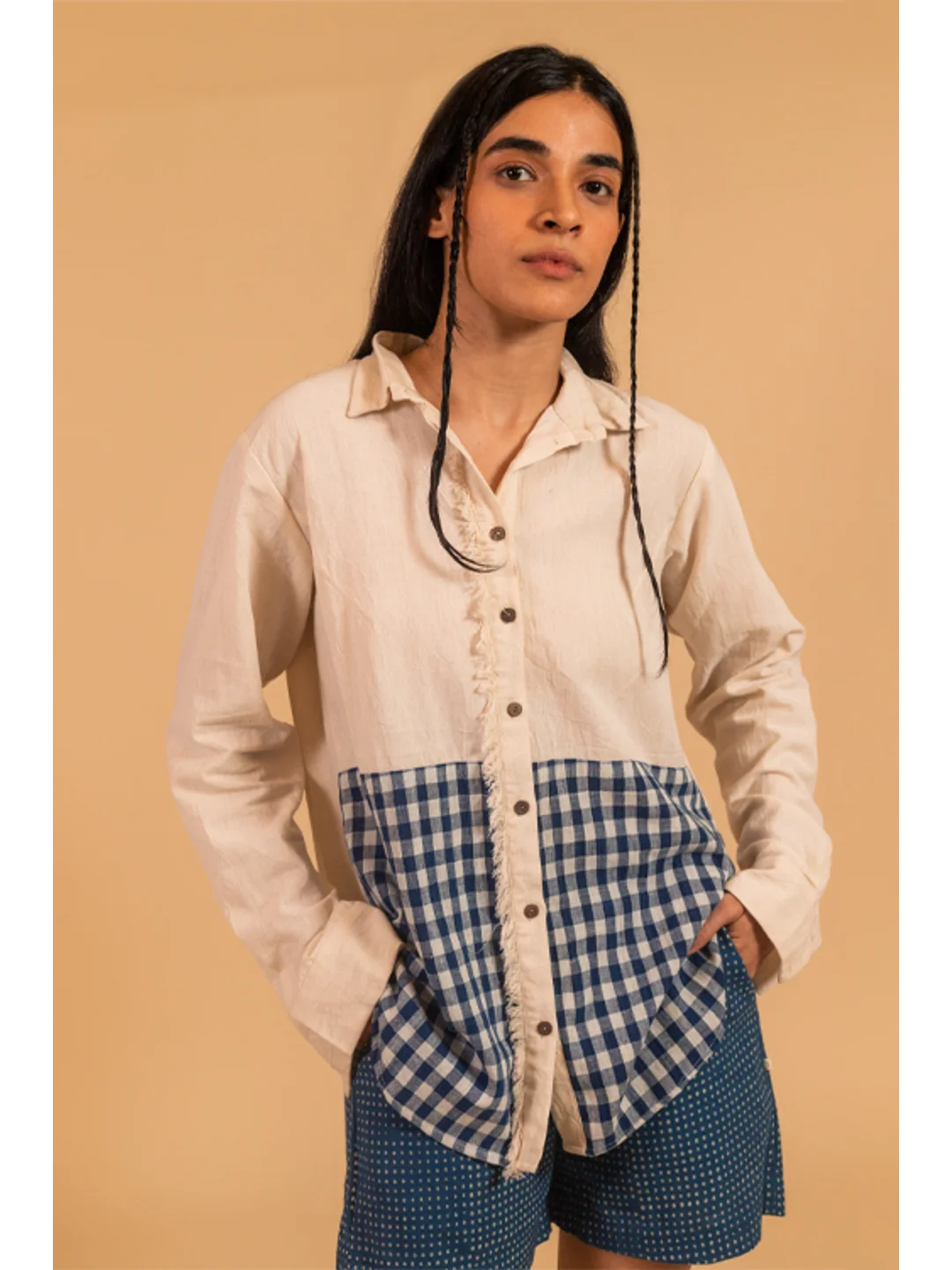 Frayed trim placket shirt with handmade coconut buttons