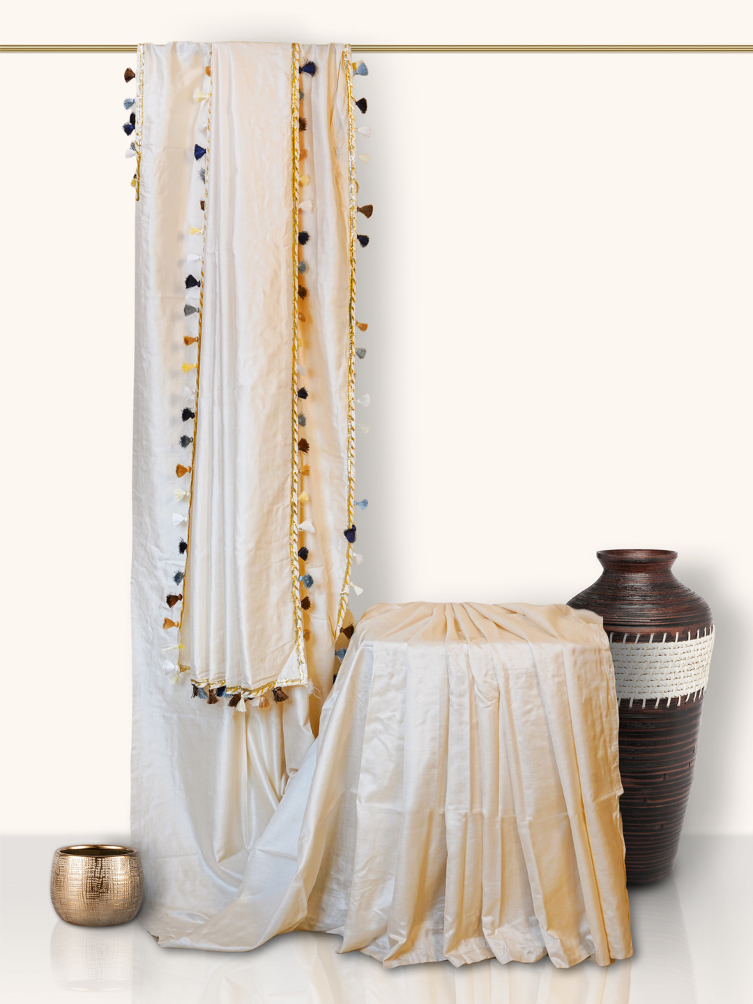 The Gold Weave Designer Silk Sarees - Cream colour with Multiclour Tassels