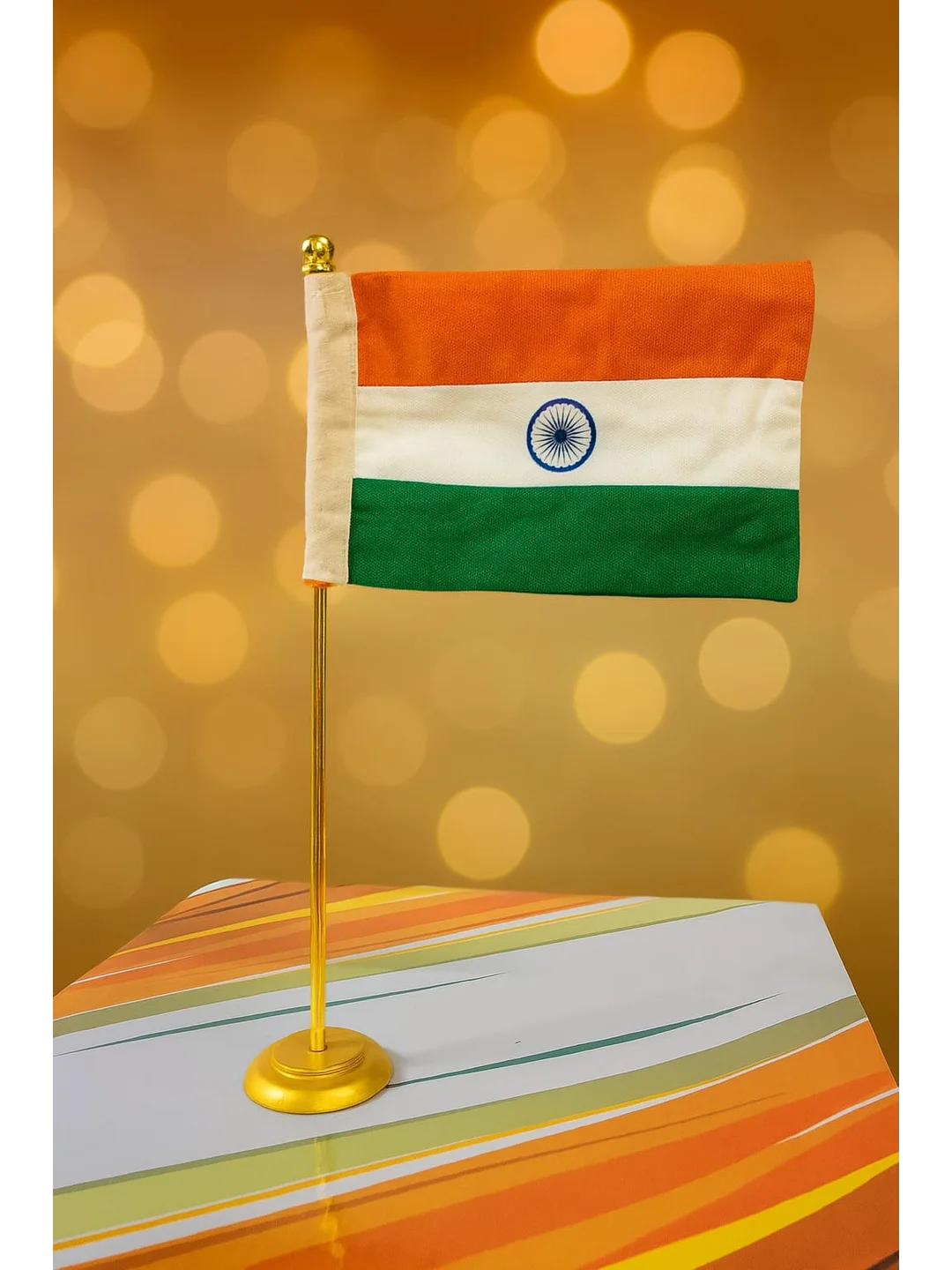 Indian National Golden Fiber Table Flag With Stand - 4'' * 6" TF-03