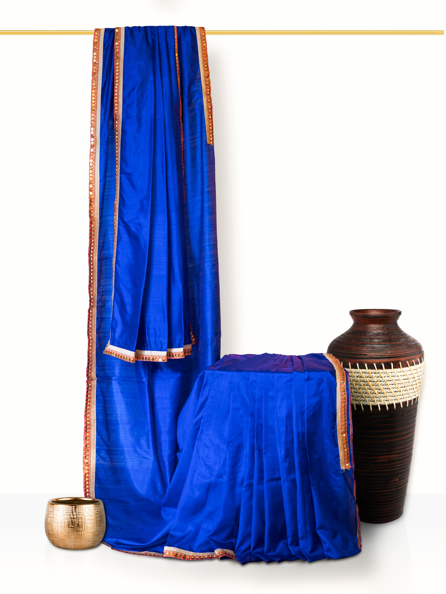 Blue And Red Embellished Border Silk Saree