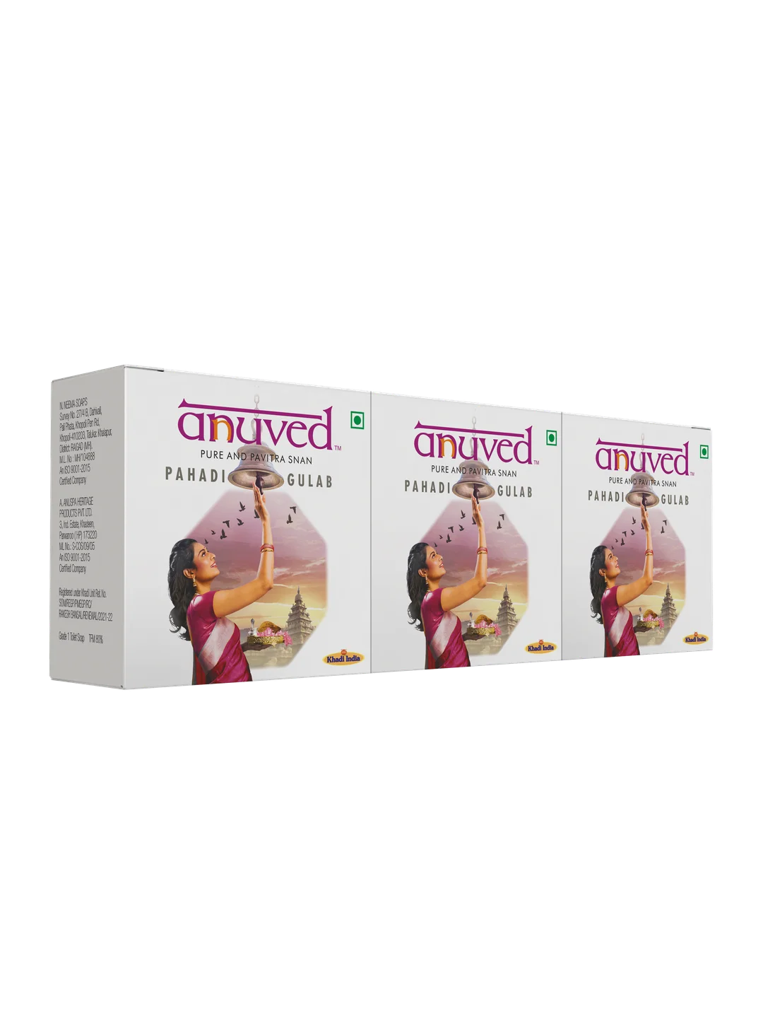 Anuved Herbal Pahadi Gulab Soap | Pack of 3 | 125 Grams Each | Enriched with Pure Rose Water Rishikesh Gangajal for Cooling, Toning & Hydrating your Skin into a glowing Petal Soft Skin, Paraben Free, 