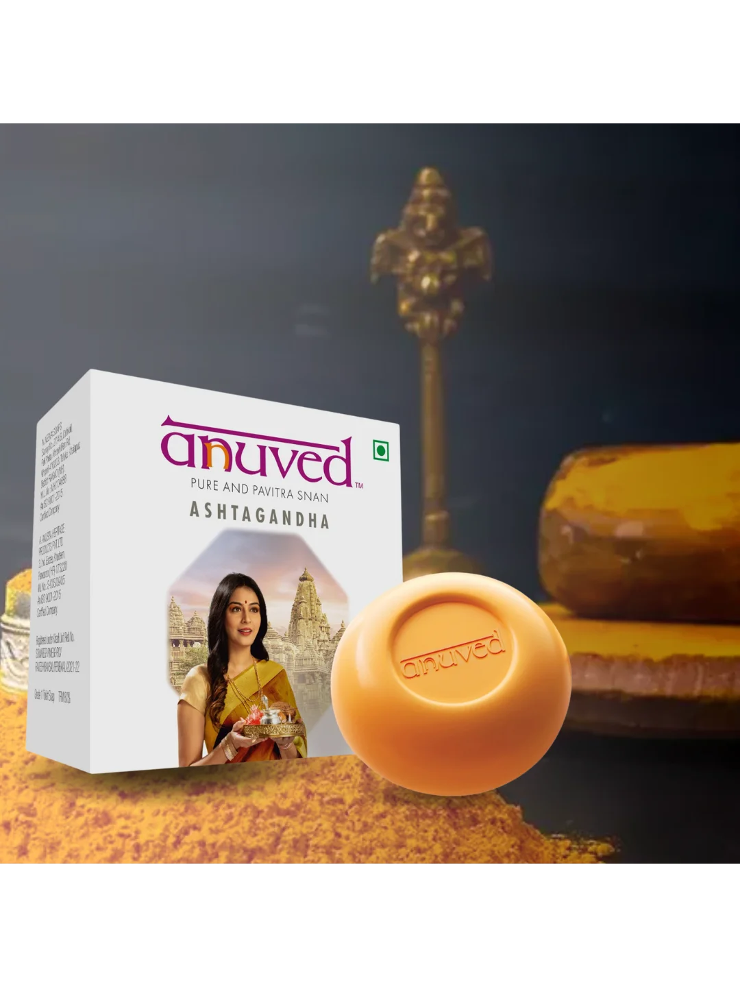 Anuved Herbal Ashtagandha Soap | Pack of 3 | 125 Grams Each | Tulsi, Durva, Bhimseni camphor, Bel, Chandan, Kesar, Heena, agar | Enriched with Rishikesh Gangajal for Revitalizing Your Skin & senses, A