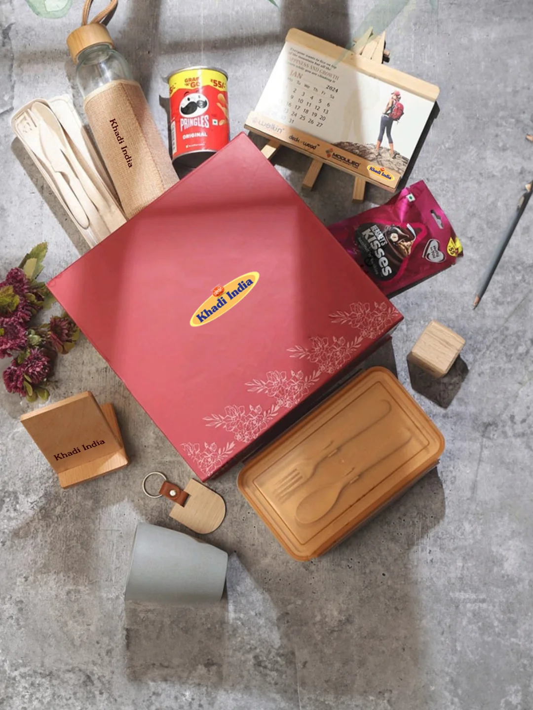 Eco Friendly Gift Sets, For Gifting |COMBO GIFT BOX- Wheat husk Lunch Box| Wheat Husk Mug |Wheat Husk Cutlery |Wooden mobile Stand |Wooden paper Weight |Key Chain |Calender|Pringles |Chocolate