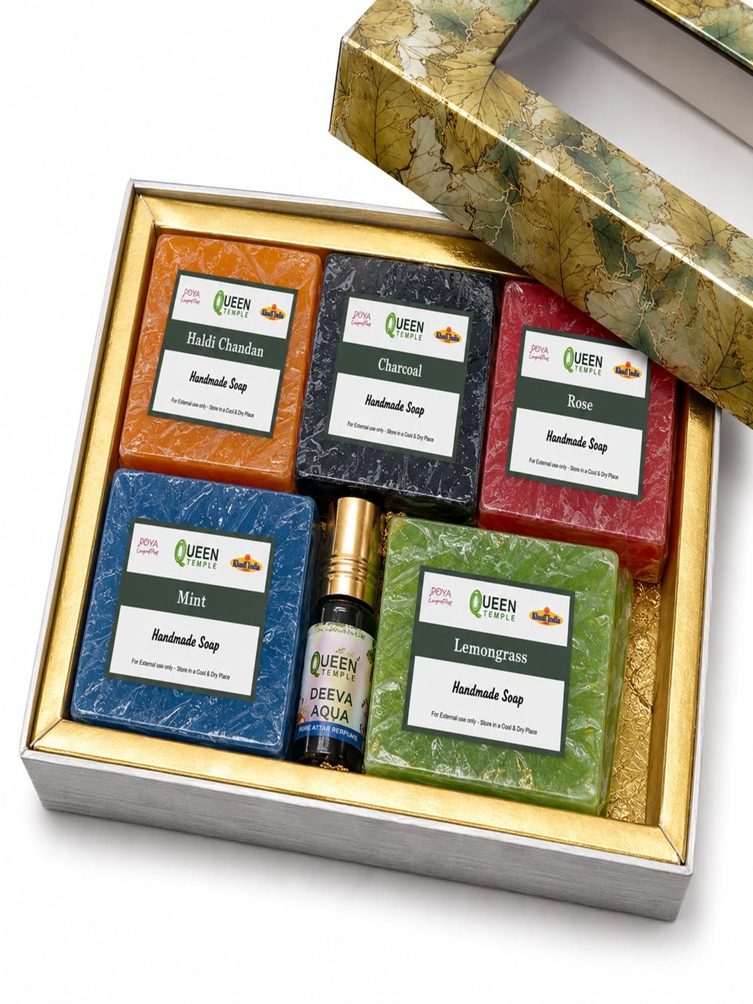 Khadi India Handmade Soap Gift Set with 5 Glycerine Soaps & 3ml Attar | Premium Soap Gift Hamper for Women & Men | Festive, Wedding, Birthday, Anniversary & Corporate Gifting