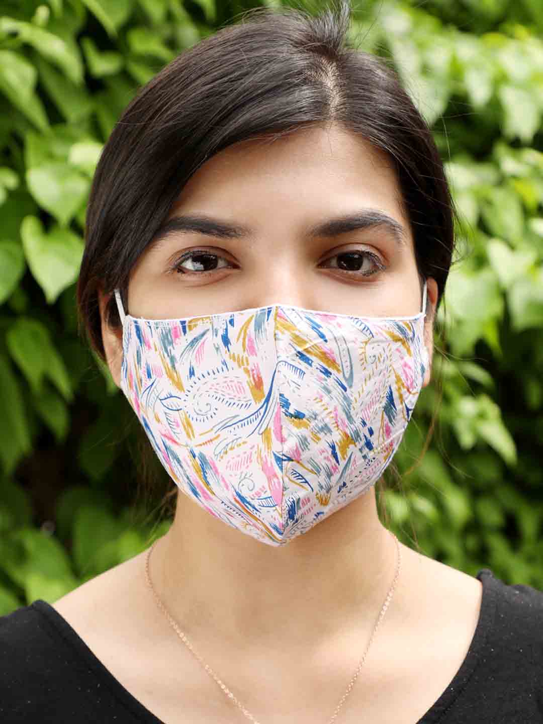 Khadi Silk Masks White with Multicolor Abstract Patterns - Set of 2