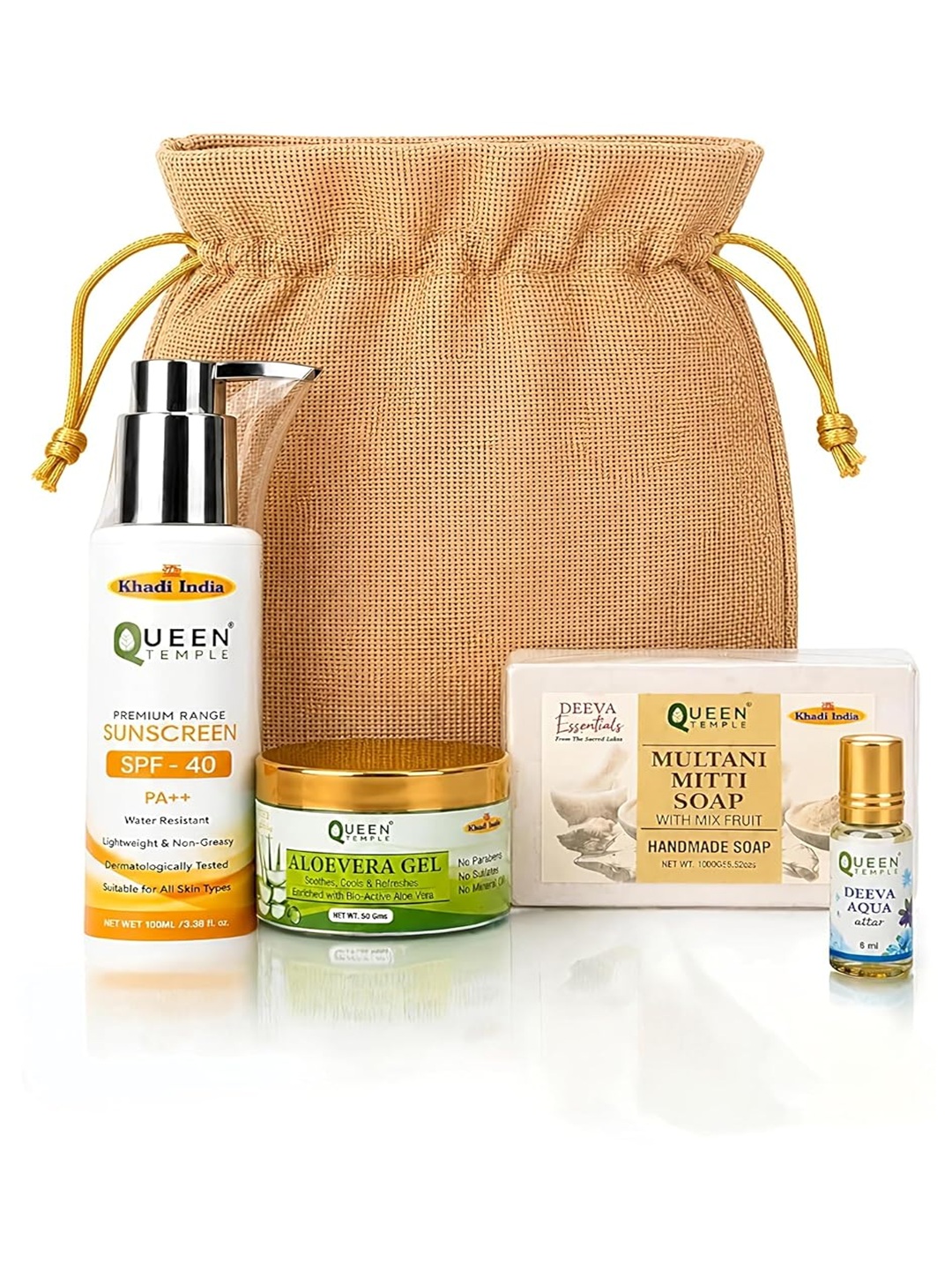 Khadi India Unisex Self Care Gift Unisex Hamper| Sunscreen SPF 40 (100ml), Aloe Vera Gel (50g), Multani Mitti Handmade Soap, Aqua Attar (3ml), Premium Jute Potli Bag