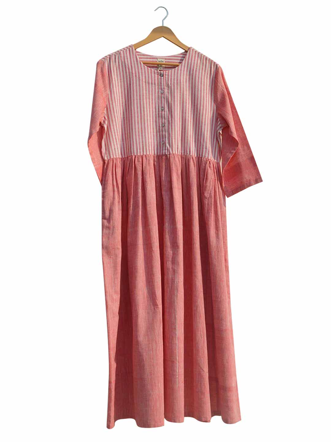 Handwoven Cotton Khadi Women's Gather A line Dress - Peach