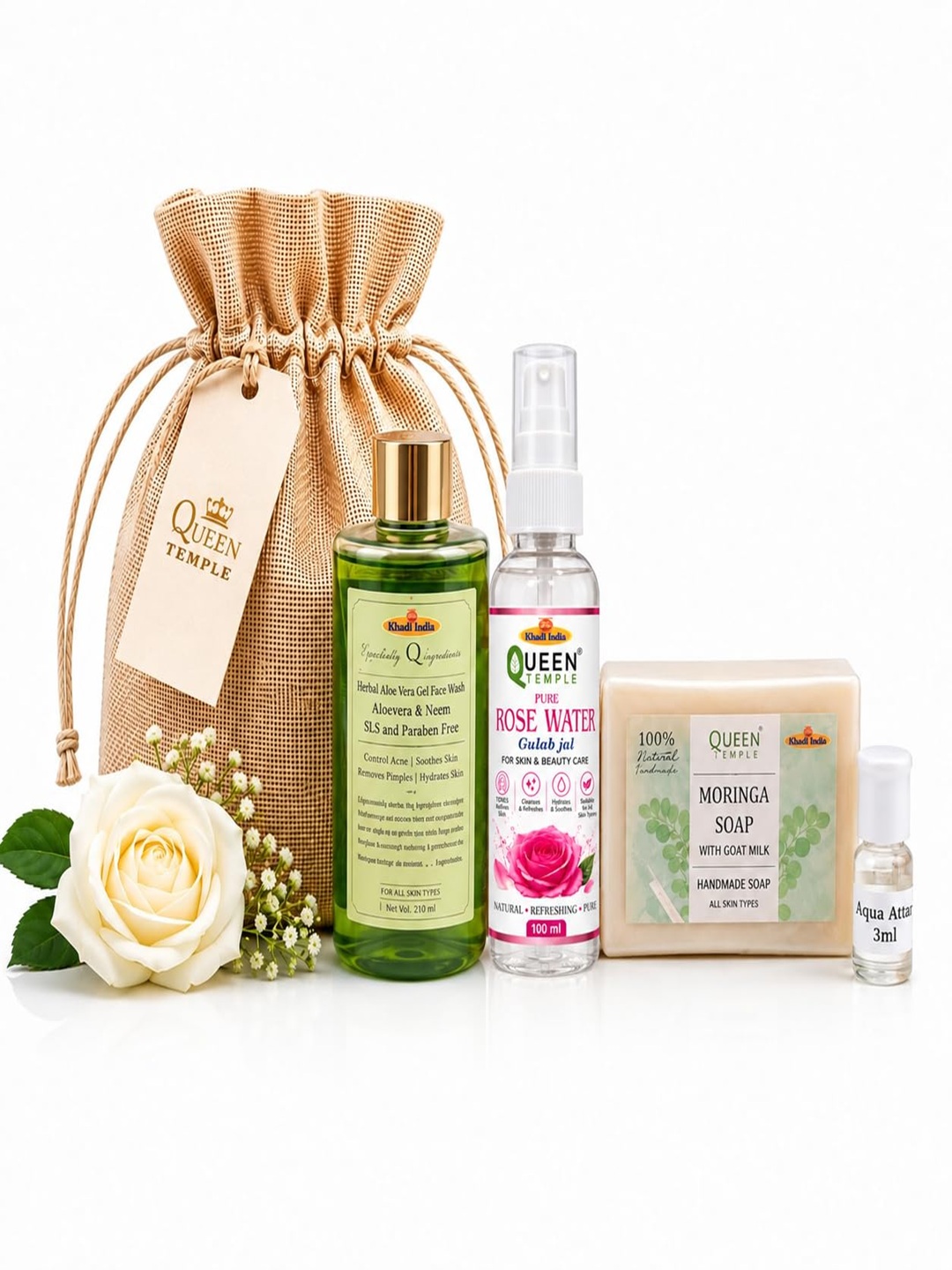 Khadi India Skin Care Gift Hamper for Men & Women by Queen Temple | Herbal Aloe Vera & Neem Face Wash 210 ml, Rose Water,100 ml Moringa Soap 100gm, Aqua Attar 3ML